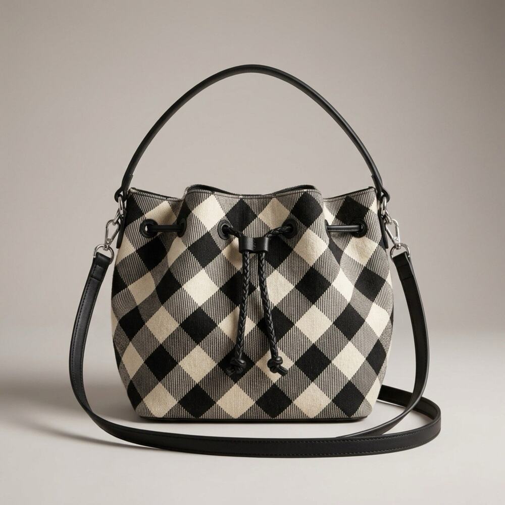 Talbots Black White Buffalo Plaid Hobo Bag Handbag Cross Body Leather Trim